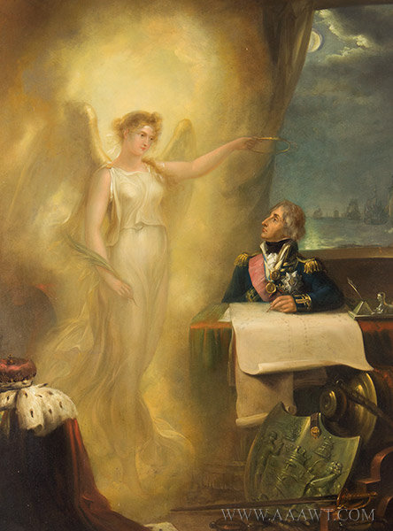 Painting, Horatio Nelson at
Desk, Angel Guiding Nelson's Destiny Points to Fleet
Unknown Artist, 19th Century, entire view